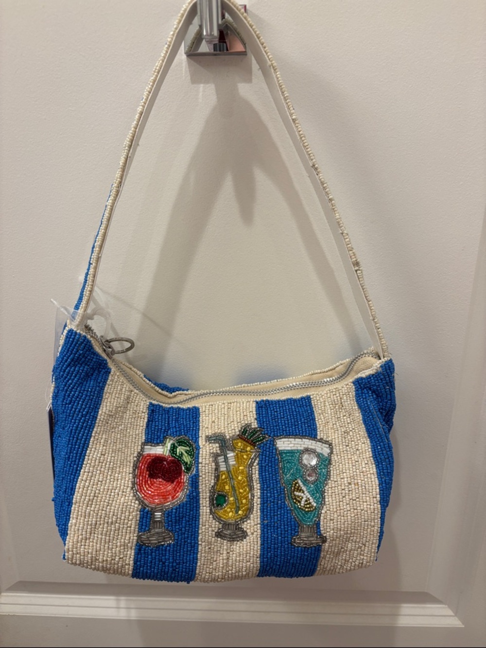 NWT Beaded Blue & Cream Striped Cocktail Motif Shoulder Bag w/ charm/Keychain